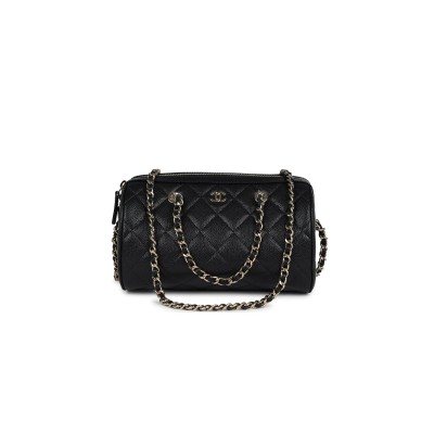 CHANEL MINI TIMELESS CLASSIC BARREL BAG WITH CHAIN BLACK SHINY CAVIAR LIGHT GOLD HARDWARE AS0932 (18*13*10cm)